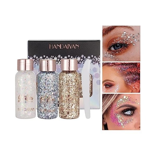 XoeLLe Gel Paillettes Visage, 3 Couleurs Body Glitter Gel Sirène, Gel Paillettes Corps Longue Durée Mermaid Sequins, Paillett