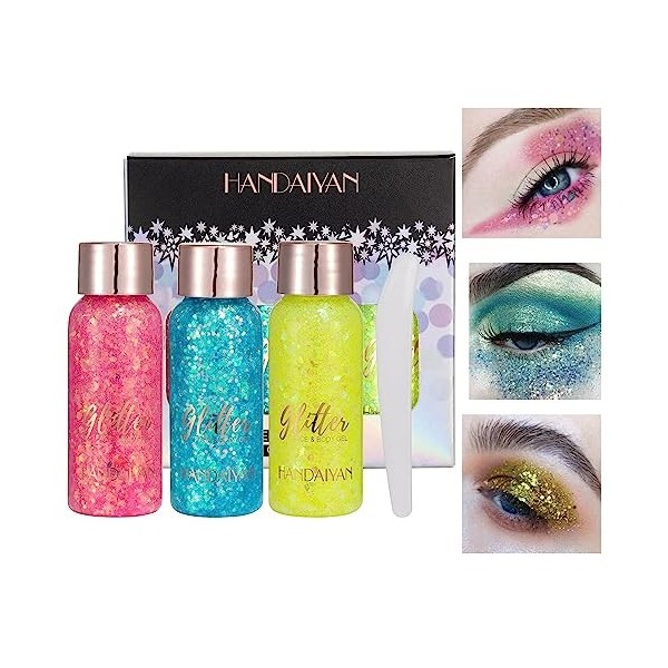 XoeLLe Gel Paillettes Visage, 3 Couleurs Body Glitter Gel Sirène, Gel Paillettes Corps Longue Durée Mermaid Sequins, Paillett