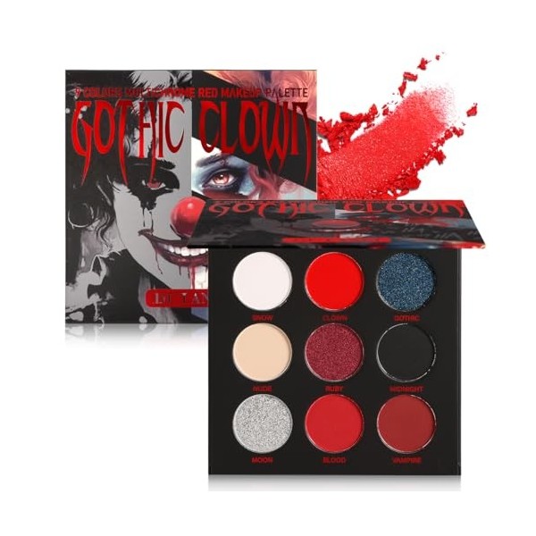 Afflano Palette Ombres à Paupières Noir Rouge Goth Clown Maquillage Halloween, Palette Fard a Paupiere Blanc Argent Pailleté 