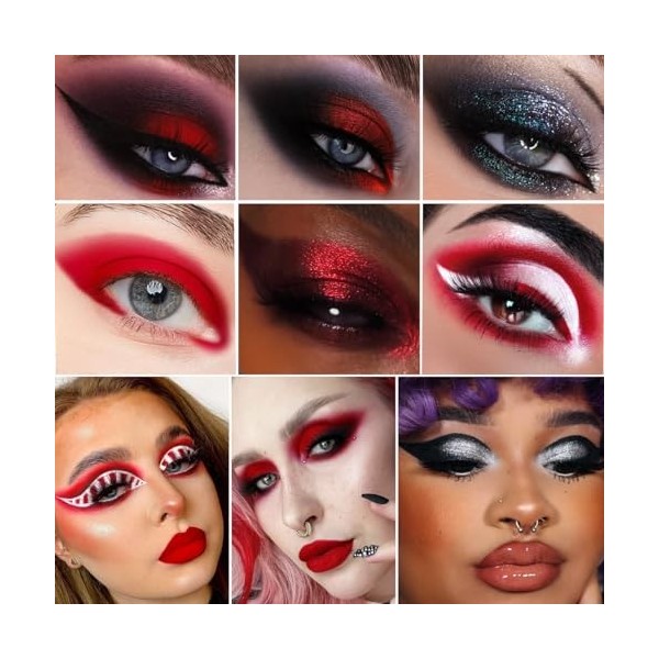 Afflano Palette Ombres à Paupières Noir Rouge Goth Clown Maquillage Halloween, Palette Fard a Paupiere Blanc Argent Pailleté 