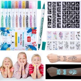 Kit Tatouage Temporaire Enfant - 10 Stylos Tatouage Temporaire, 120 Pochoirs Tatouage Temporaire et 12 Feuilles Tatouages de 