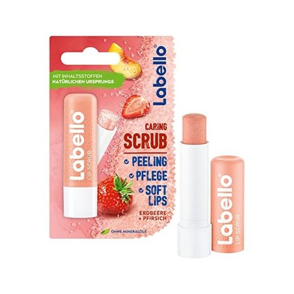 Labello Lip Scrub Fraise + Pêche 5,5 ml Soin des lèvres innovant avec des particules de gommage dorigine naturelle, exfoli Go...