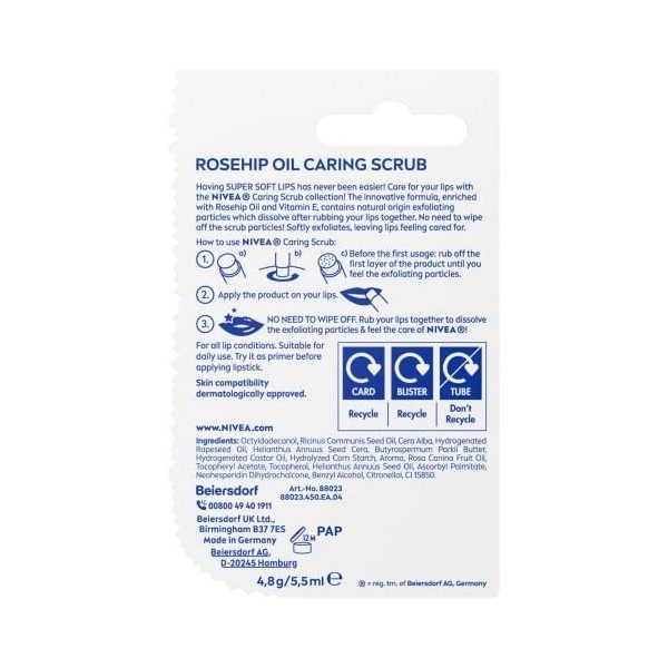 NIVEA Gommage à lèvres 2 en 1 à lhuile de cynorrhodon 5,5 ml , gommage à lèvres + vitamine E, bâton exfoliant pour les lèvr G...