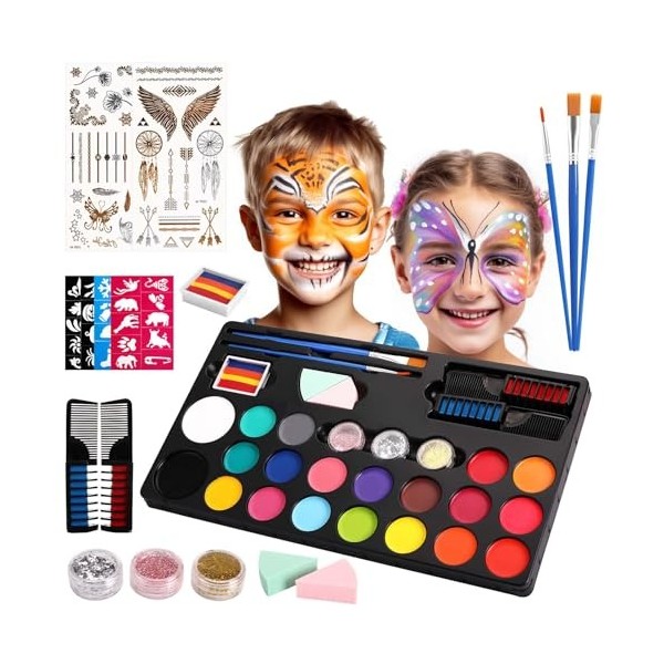 Mkitnvy Peinture Corporelle pour Le Visage, Palette de Maquillage pour Enfants 20 Couleurs Peinture Visage avec 5 Pinceaux, 4