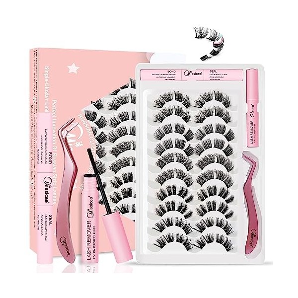 Missicee Kit de 10 styles de faux cils russes avec colle à cils et pince à épiler D Curl Bande russe cils volume duveteux et 