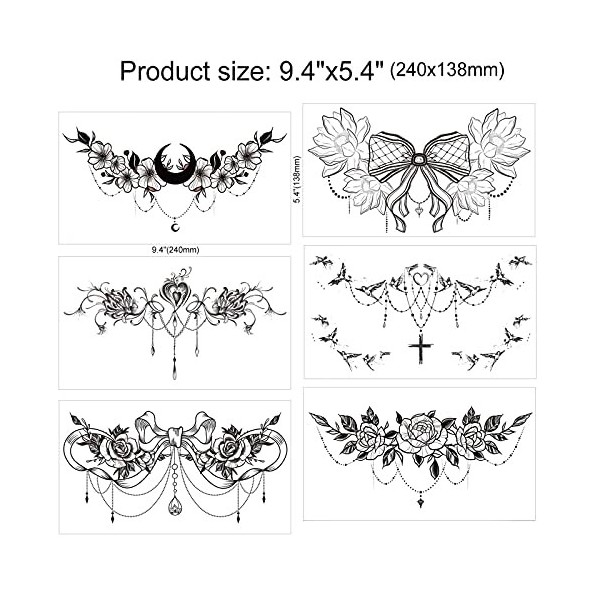 PhénixDN 12 feuilles Autocollants de Tatouage Noir Temporaire, 3D Noir Fleur Tatouages Ephemere Femme Fille, Tatouage Impermé