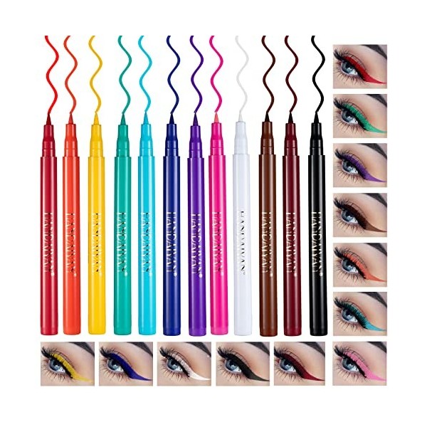 Xiangmall 12 Pièces Eyeliner Coloré Liquide Eye Liner Couleur Matte Waterproof Makeup Eyeliner Pen Imperméable Longue Tenue M