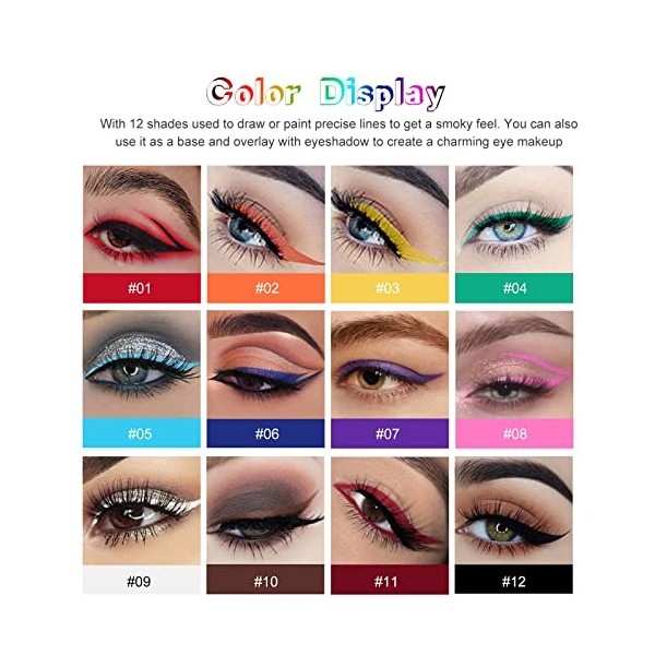 Xiangmall 12 Pièces Eyeliner Coloré Liquide Eye Liner Couleur Matte Waterproof Makeup Eyeliner Pen Imperméable Longue Tenue M