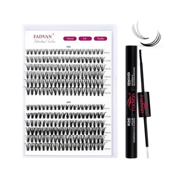 FADVAN DIY Cils Cluster Extension Cils Kits Volume Individual 30D+40D Mix 9-16mm 0.07C Curl 2 Pièces Faux Cils Colle, Dissolv