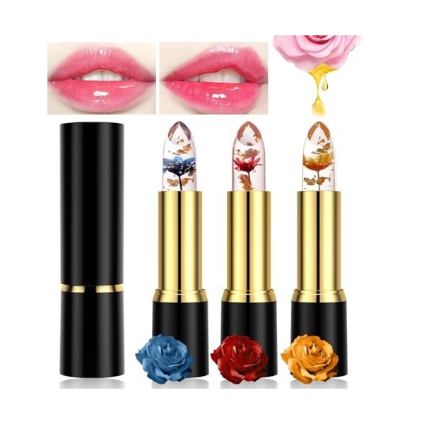 Likesing 3 Pièces Lot Rouge a Levre Magique Change Couleur Fleurs Transparent Jelly Lipstick Rouge Levre Mat Longue Tenue Bau