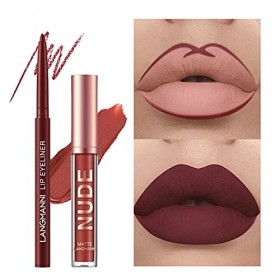 Ensemble de maquillage de rouge à lèvres 12 pièces, 6 rouges à lèvres liquides mats veloutés + crayon à lèvres 6 pièces, kit 