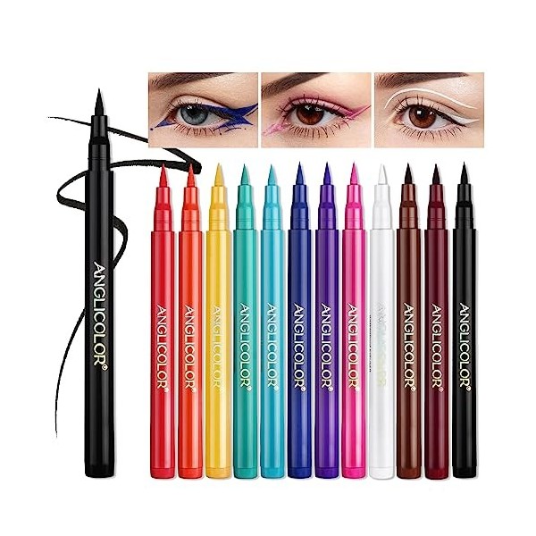 Eyeliner Liquide Mat Pen Anglicolor, 12 Couleur Eye Liner Set Imperméable Longue Tenue, Hautement Pigmenté Eyeliner Coloré av