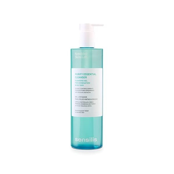Sensilis - Purify Essential Cleanser, Gel nettoyant pour peaux mixtes et grasses à lacide hyaluronique et au zinc - 400 ml