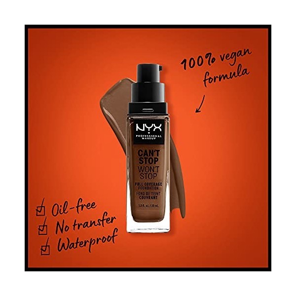 NYX Professional Makeup Fond de Teint Liquide Couvrant Tenue 24h Cant Stop Wont Stop, Waterproof, Fini Mat, Teinte : Deep r