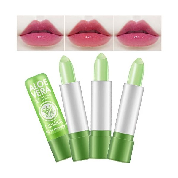 BEEXY Lot de 3Pcs Aloe Vera Baume à Lèvres Hydratant Durable Rouge à Lèvre, Magie Changement de Couleur Rouge à Lèvres