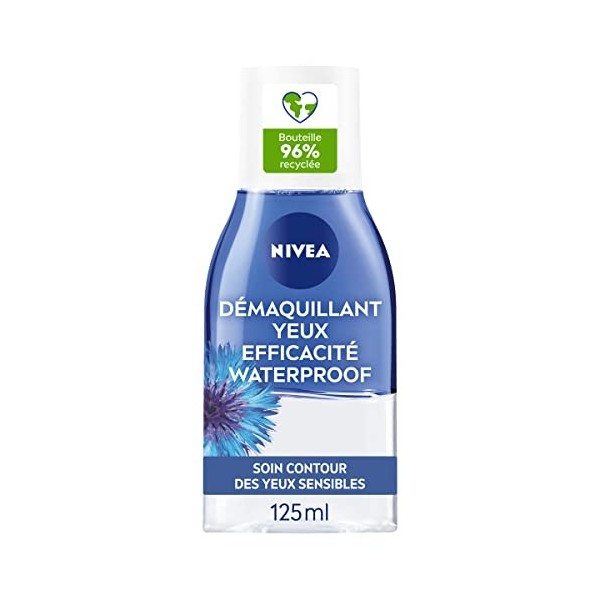 NIVEA Démaquillant Yeux Double Action au Bleuet 2 x 125 ml , nettoyant visage biphase enrichi en eau purifiée, démaquillant 