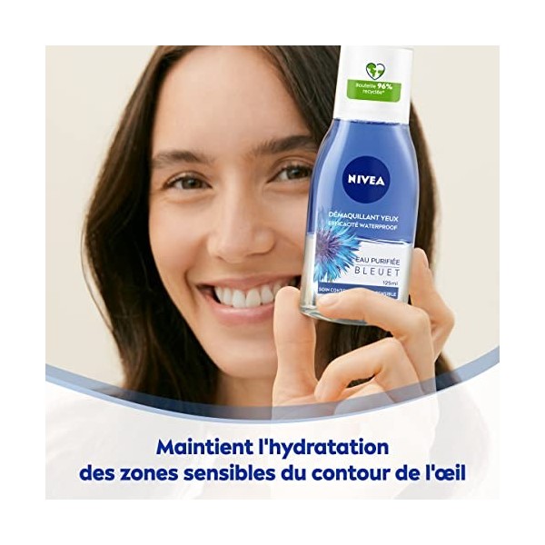 NIVEA Démaquillant Yeux Double Action au Bleuet 2 x 125 ml , nettoyant visage biphase enrichi en eau purifiée, démaquillant 