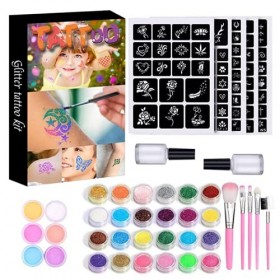 Set tatouage pailleté, kit tatouage éphémère avec 24 couleurs pailletées et 6 couleurs fluorescentes, 105 pochoirs, 5 pinceau