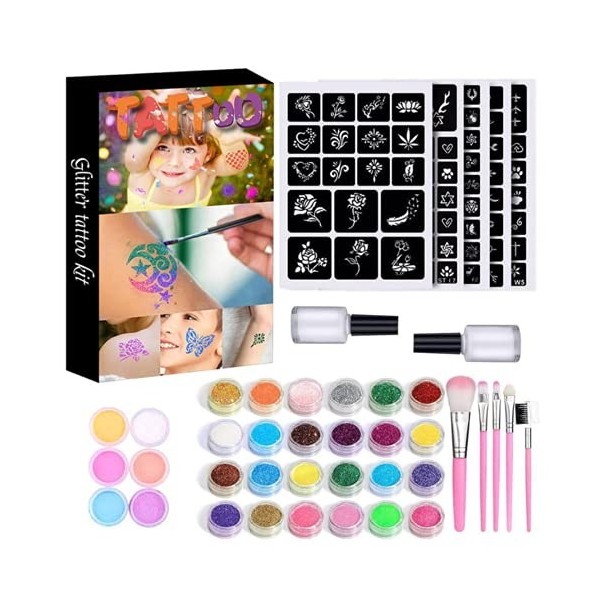 Set tatouage pailleté, kit tatouage éphémère avec 24 couleurs pailletées et 6 couleurs fluorescentes, 105 pochoirs, 5 pinceau