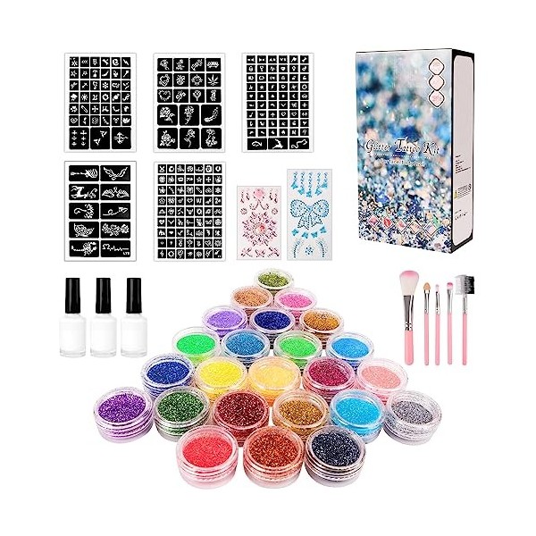 Kit Tatouage Paillettes Enfant Filles, 24 Couleurs Tatouage Éphémère mit 187 Pochoirs - Non-toxique Kit Maquillage de Tatouag