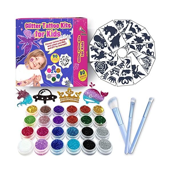 Metuu 90 feuilles de kit de tatouage à paillettes pour enfants, tatouage dinosaure licorne pour garçons et filles, autocollan