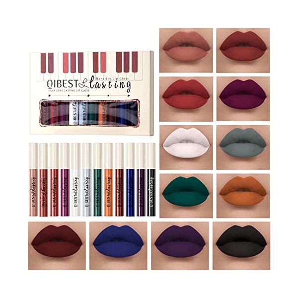 Skynest 12PCS noir foncé bleu vert violet brillant Halloween rouge à lèvres maquillage set, imperméable à leau Lip Gloss set