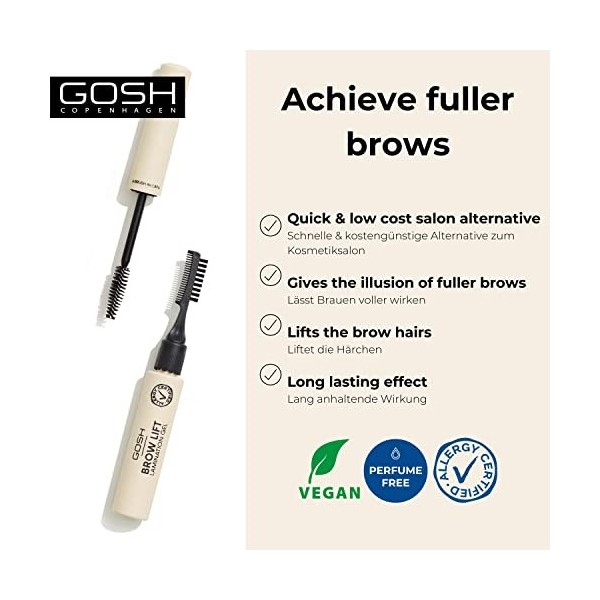 Gosh Brow Lift Lamination Gel Sourcils Végétalien, Gel fixateur incolore pour un coiffage rapide et impeccable des sourcils, 