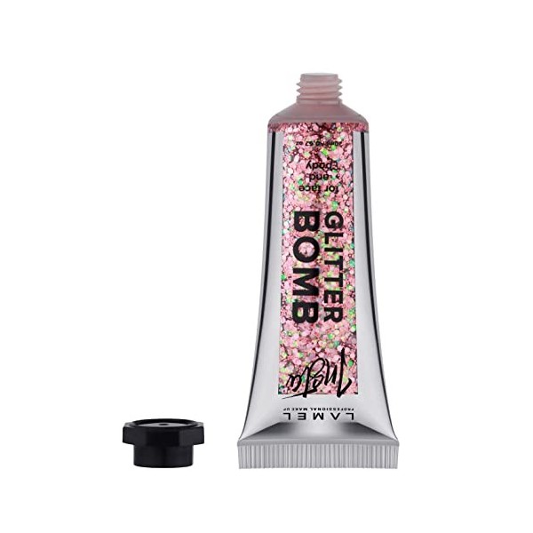 Lamel INSTA Bombe Pailletée - Paillettes pour le Visage et le Corps - Texture Gel Transparente et Scintillante - 20ml - Rose 