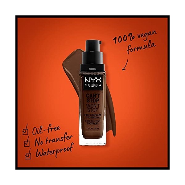 NYX Professional Makeup Fond de Teint Liquide Couvrant Tenue 24h Cant Stop Wont Stop, Waterproof, Fini Mat, Teinte : Deep e