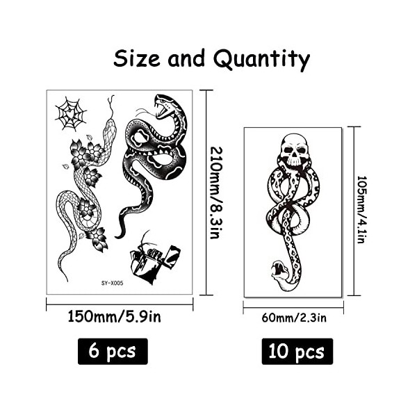 YGCHEN 3D Tatouage Temporaire Serpent Tatouage Éphémère Homme Tattoo Autocollant Faux Tatouage Serpent pour Femmes Garçon Fil