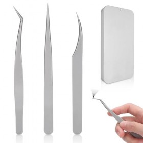 Agatige Set de 3 Pinces à Épiler d’Extensions de Cils, Acier Inoxydable Pince Faux Cils, Brucelles à Pointes Droites et Courb
