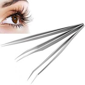 Agatige Set de 3 Pinces à Épiler d’Extensions de Cils, Acier Inoxydable Pince Faux Cils, Brucelles à Pointes Droites et Courb