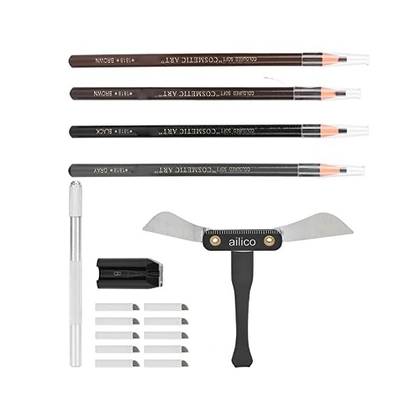 Microblading Kit Sourcils Maquillage Étanche 4 Crayons à Sourcils, 2pcs Marron, 1pc Gris, 1pc Noir, Aiguilles Microblading P1