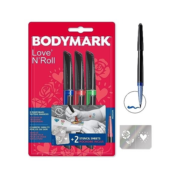 BodyMark by BIC  Stylos de Tatouage Temporaire et Pochoirs Old School Kit - Couleurs Assorties Blister de 3+2