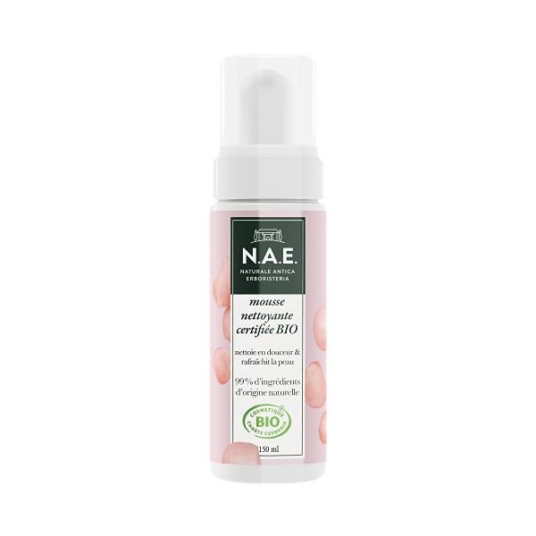 N.A.E. - Mousse Démaquillante Nettoyante Visage - Certifiée Bio - Enrichi en Eau de Rose de Damas - Formule Vegan - 99 % din