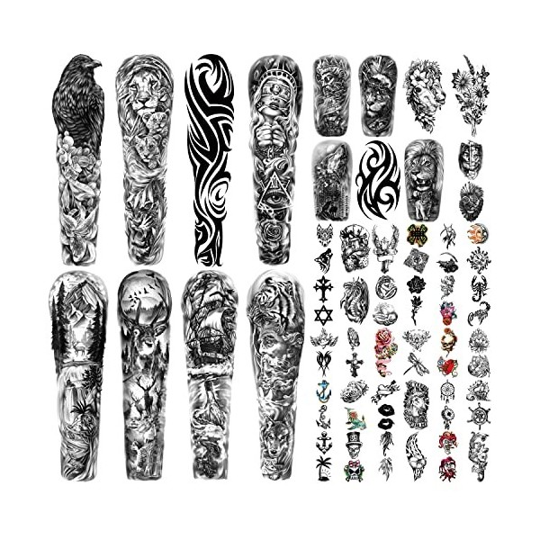 Metuu 46 feuilles grand bras complet étanche tatouage temporaire réaliste pour hommes et femmes, wapiti cerf aigle lion loup 