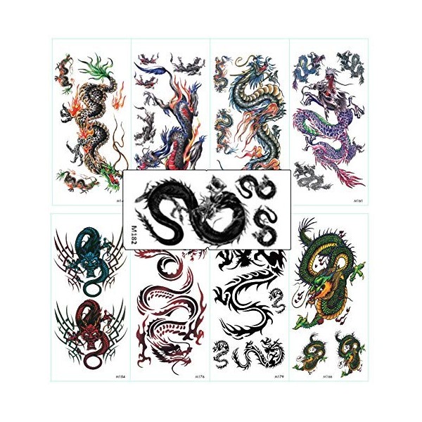 Xinke Lot de 9 feuilles de tatouages temporaires assortis de dragon chinois - Autocollants imperméables pour homme et femme