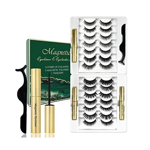 Faux Cils Magnétique, 14 Paires Naturels Cils magnétiques Aimant 3D Ensemble de faux cils Eyeliner Cils magnétiques artificie