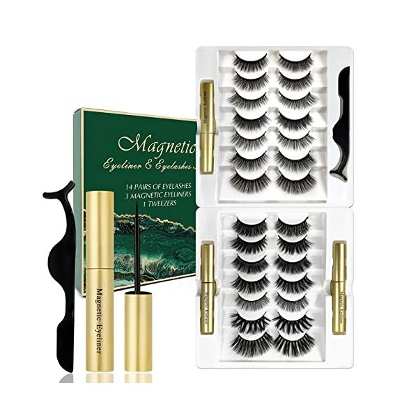 Faux Cils Magnétique, 14 Paires Naturels Cils magnétiques Aimant 3D Ensemble de faux cils Eyeliner Cils magnétiques artificie