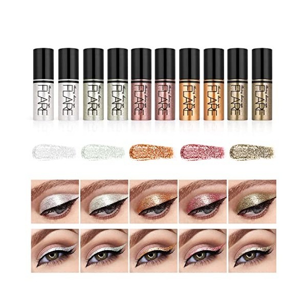 10PCS Glitter Eyeliner Liquide, Fard à Paupière Paillette Liquid Matalic Fard à Paupières Glitter Brillant imperméable Longue