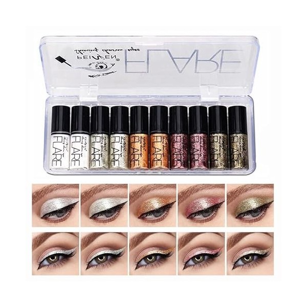 10PCS Glitter Eyeliner Liquide, Fard à Paupière Paillette Liquid Matalic Fard à Paupières Glitter Brillant imperméable Longue