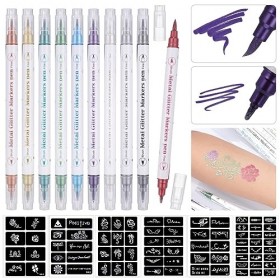 Huiguli Stylo de Tatouage Temporaire 10 pcs Stylos de Tatouage Pailleté avec 60 Dessins de Modèle de Tatouage Temporaire, poc