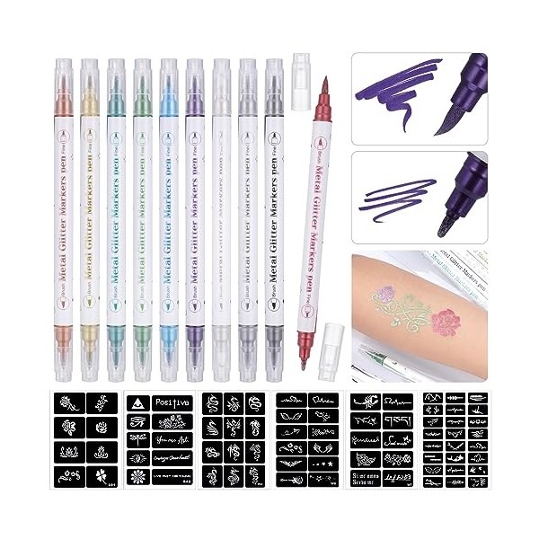 Huiguli Stylo de Tatouage Temporaire 10 pcs Stylos de Tatouage Pailleté avec 60 Dessins de Modèle de Tatouage Temporaire, poc