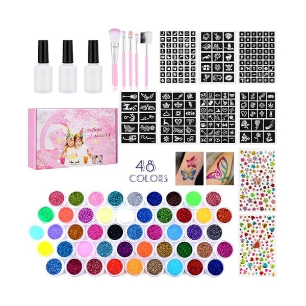 Kit de Tatouage à Paillettes Enfant，, 48 Couleurs Tatouage Éphémère Lumineux Licorne Enfant avec 204 pochoirs, 5 pinceaux, 3 