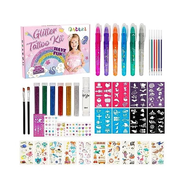 DAOUZL Kit Tatouage Paillettes, Tatouages Temporaires Maquillage avec 80 Pochoirs, 2 Pinceaux ect, Stylo Tatouage Temporaire,