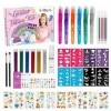 DAOUZL Kit Tatouage Paillettes, Tatouages Temporaires Maquillage avec 80 Pochoirs, 2 Pinceaux ect, Stylo Tatouage Temporaire,