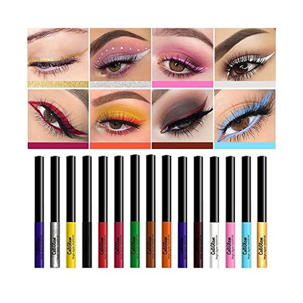 Ensemble deye-liner liquide mat, 16 couleurs imperméables à haute pigmentation colorée mat et métal coloré ensemble de stylo