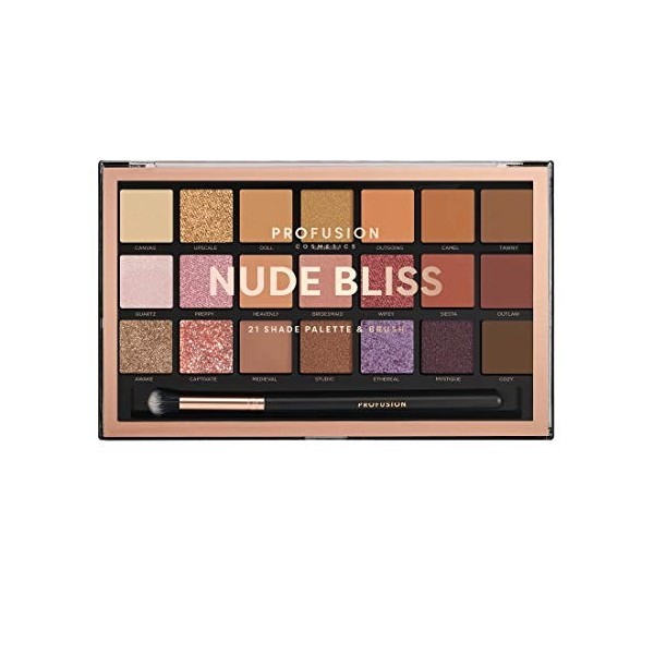 Palette de fards à paupières Profusion Cosmetics avec pinceau Pro Series Makeup offert - 21 teintes Nude Bliss