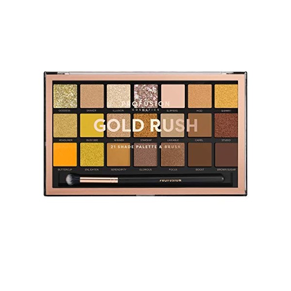 Palette de fards à paupières Profusion Cosmetics avec pinceau Pro Series Makeup offert - 21 teintes Gold Rush