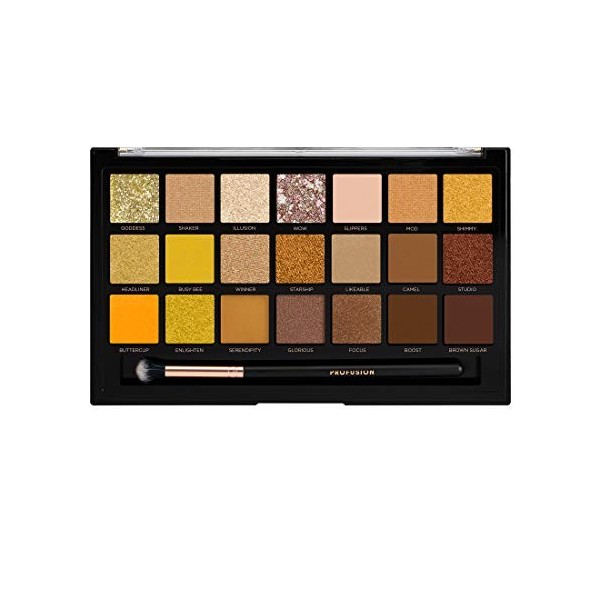 Palette de fards à paupières Profusion Cosmetics avec pinceau Pro Series Makeup offert - 21 teintes Gold Rush